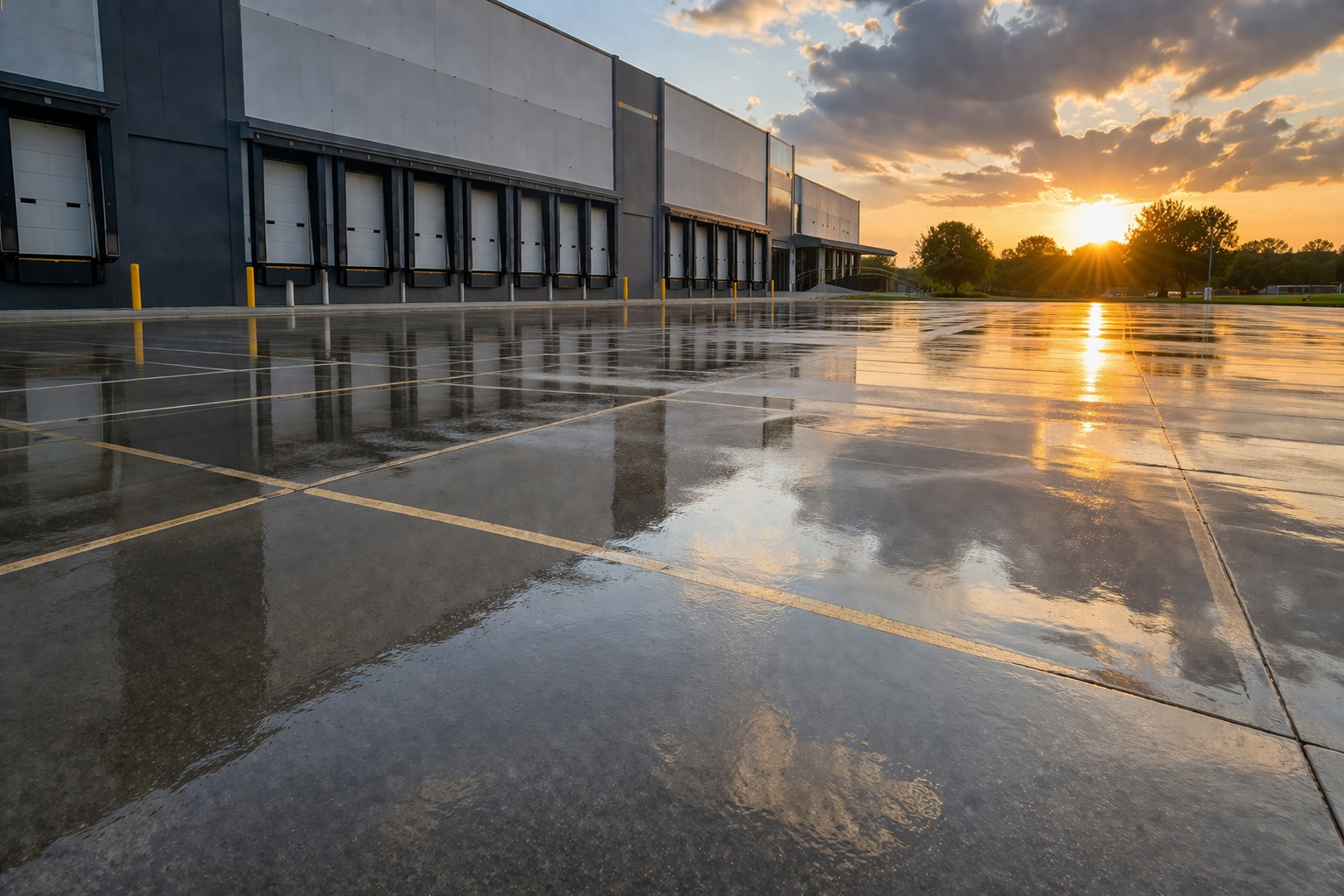 Sealed commercial concrete at warehouse at sunset
