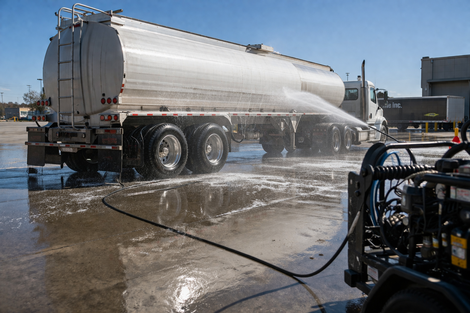 Tanker truck being washed on-site with mobile wash rig